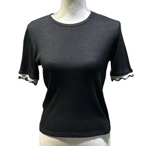 ZARA Trafaluc Black Short Sleeve Top - White Ruffle Sleeves - Size Large